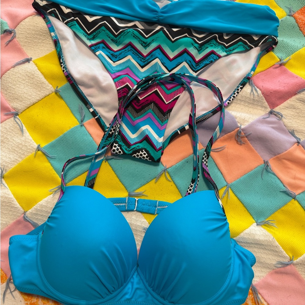 adidas Bright Turquoise Bikini Set with Multicolor Chevron Bottom
